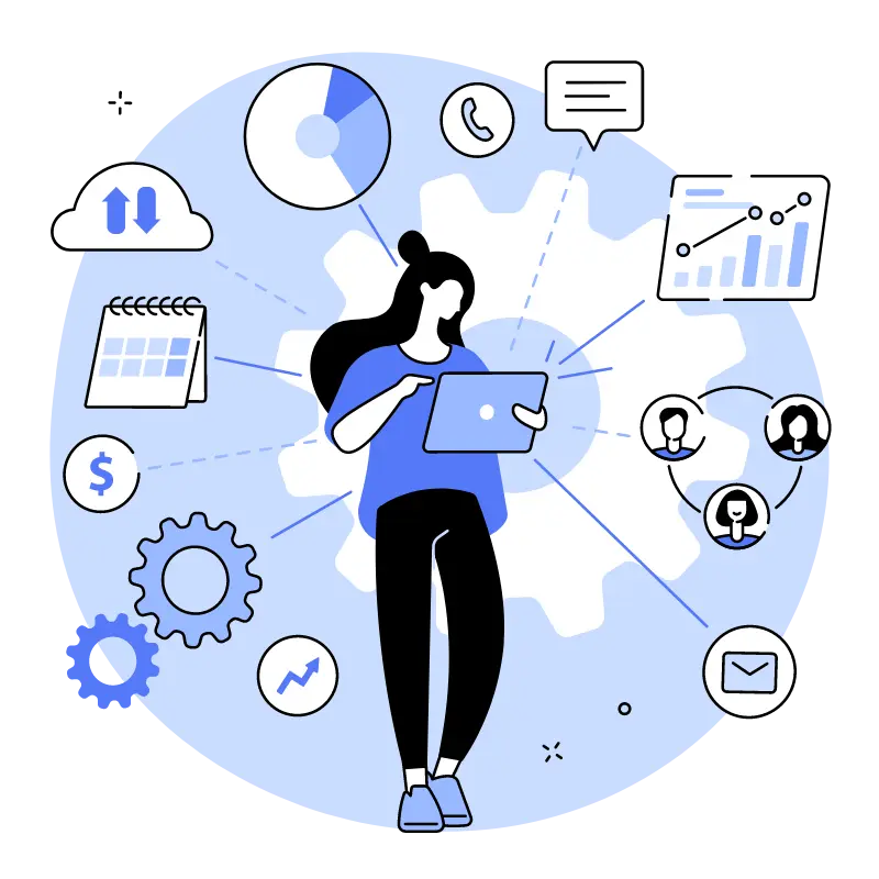 The image illustrates various elements of custom web design solutions for businesses. At the center, a figure holds a tablet displaying graphs, symbolizing control and management. Surrounding this figure are icons representing key aspects of web design.