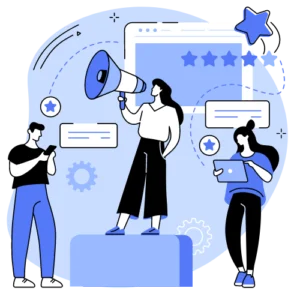 Illustration of modern communication for a digital marketing and web design agency with individuals using a megaphone, mobile device, and laptop.