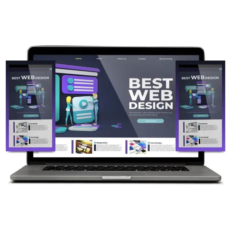 Modern web design layout with responsive design for a web design agency, featuring BEST WEB DESIGN heading, service icons, and sample images.